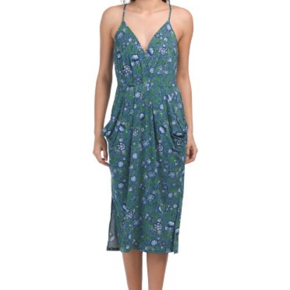 BCBGENERATION Knit Drape Pocket Green/Blue Floral Dress Size XXS